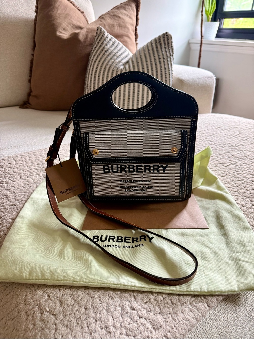 Burberry Black & Natural Canvas Mini Tote with Leather Trim